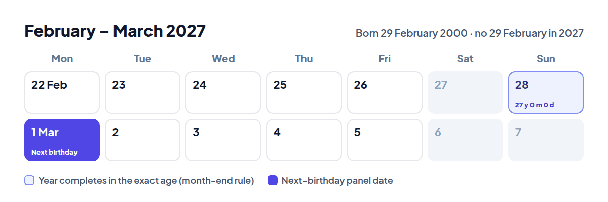 Calendar of late February and early March 2027 showing that 29 February does not exist, with 28 February and 1 March both highlighted