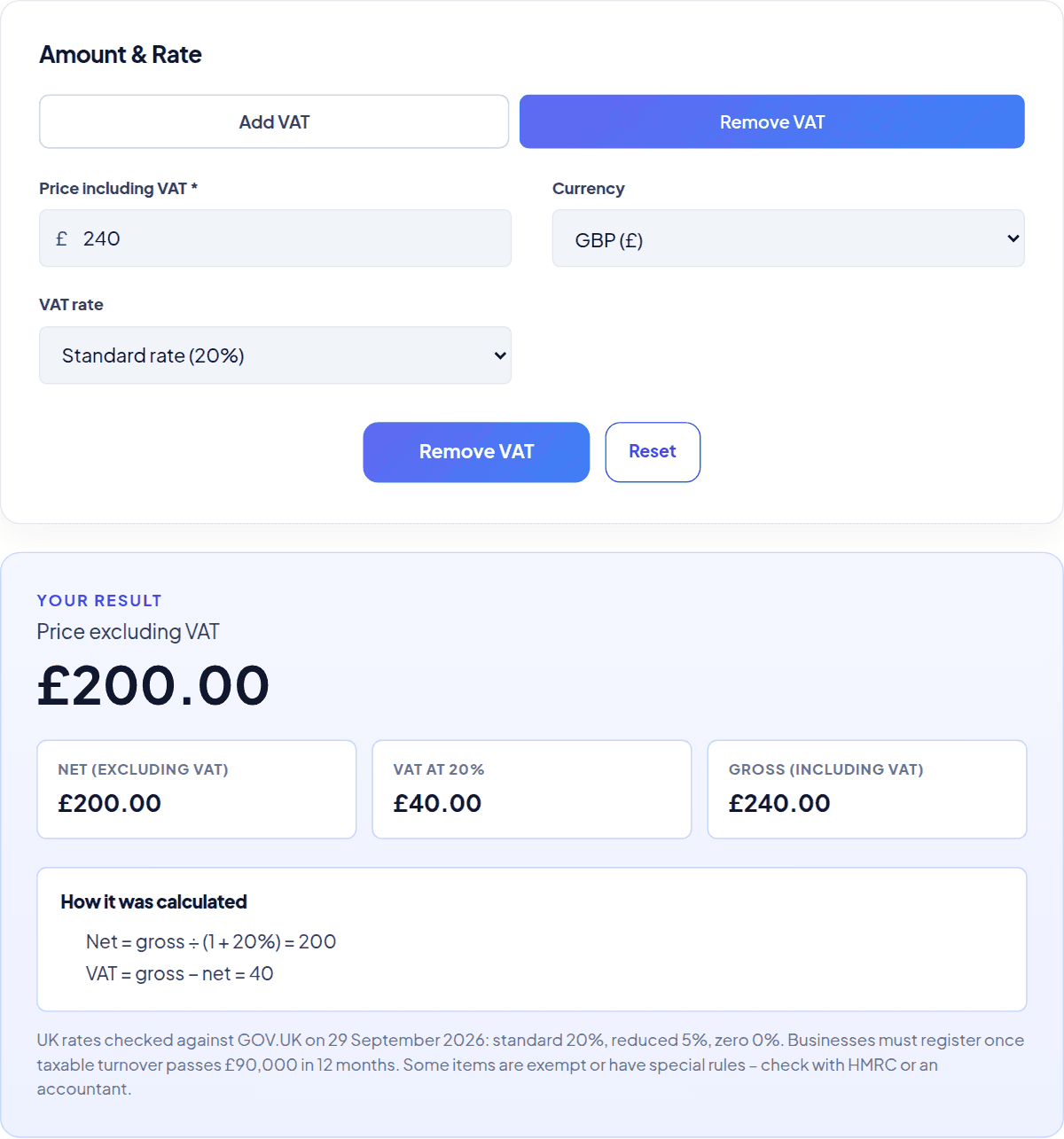 Screenshot of the Momentix VAT calculator in Remove VAT mode showing a price including VAT of 240 split into 200 net and 40 VAT at 20%