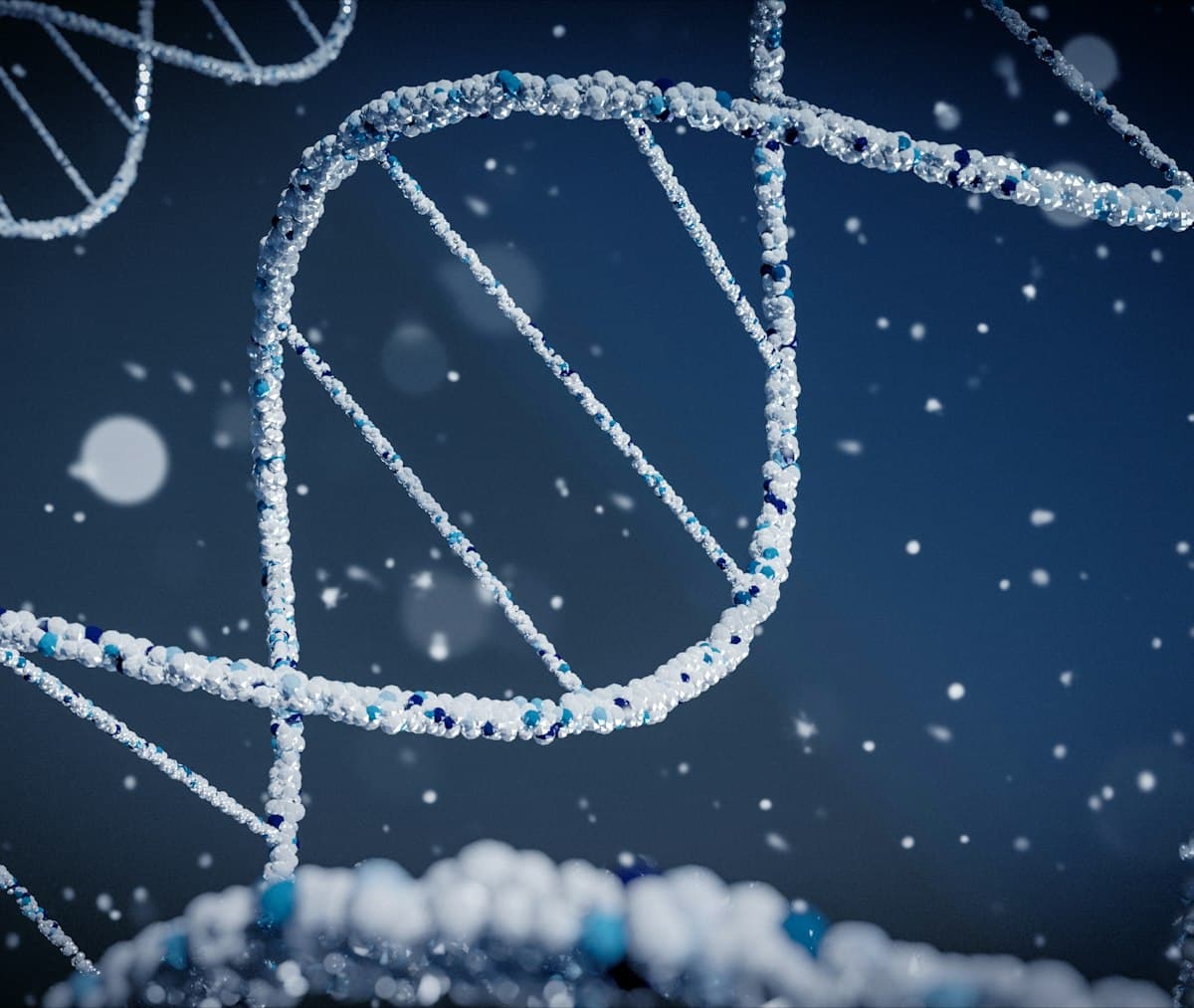Digital render of a DNA double helix on a blue background, a classic science topic