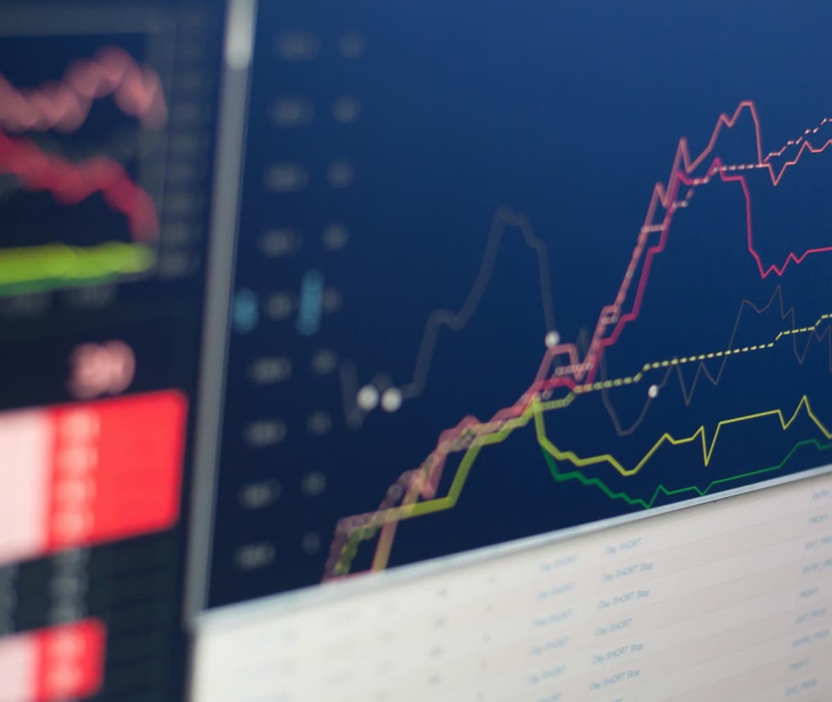 Close-up of a monitor displaying a graph of rising and falling values